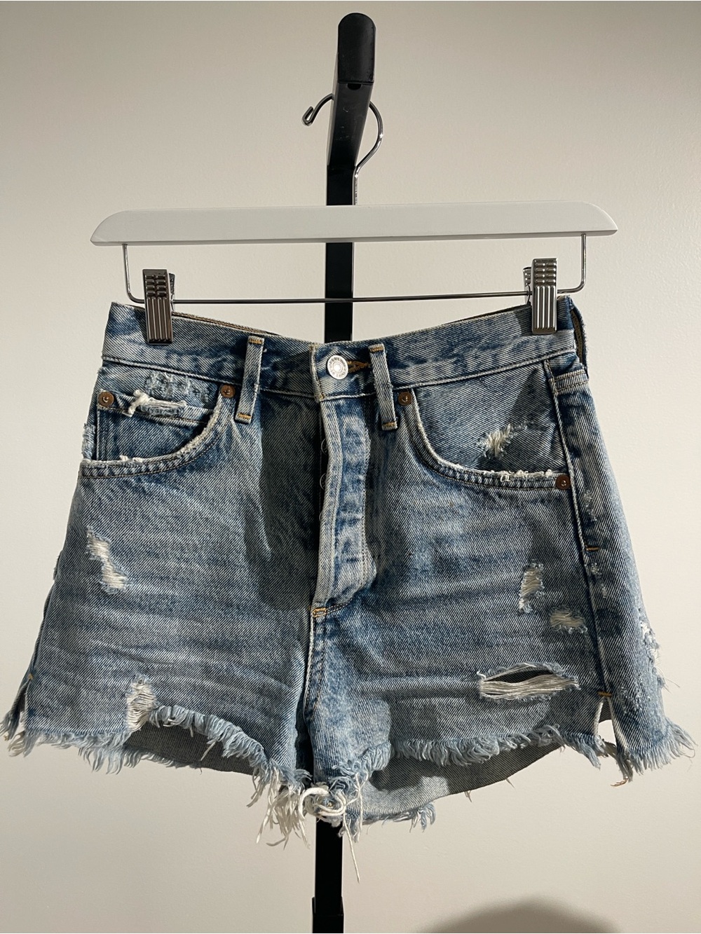 AGOLDE Distressed Light Blue High-Rise Jean Shorts